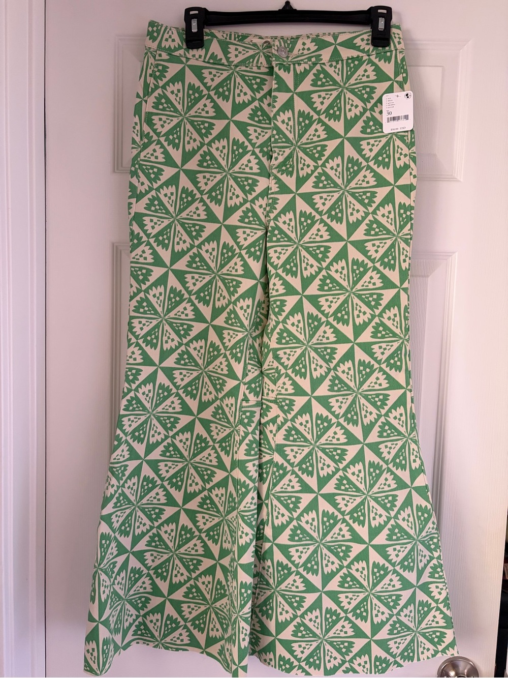 Green and White Geometric Cropped Flared Jeans Free People
